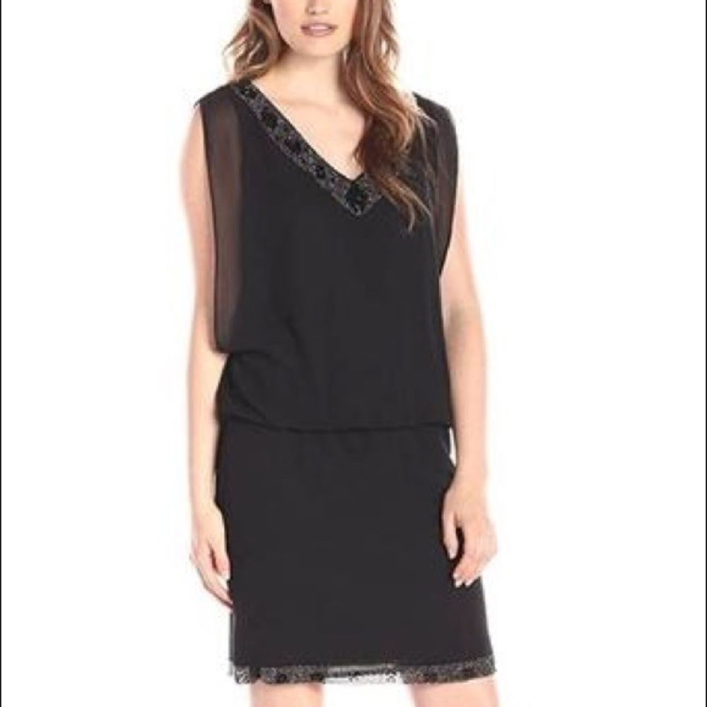 SL Fashions Black Sleeveless V-Neck Sheath Dress size 10 women beaded